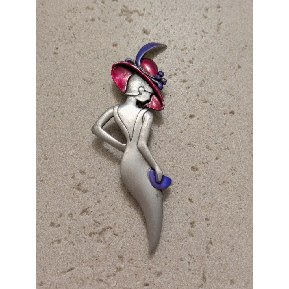 Vintage JJ Brooch Red Hat Woman Lady Silver Tone Large 3 Inches Pewter